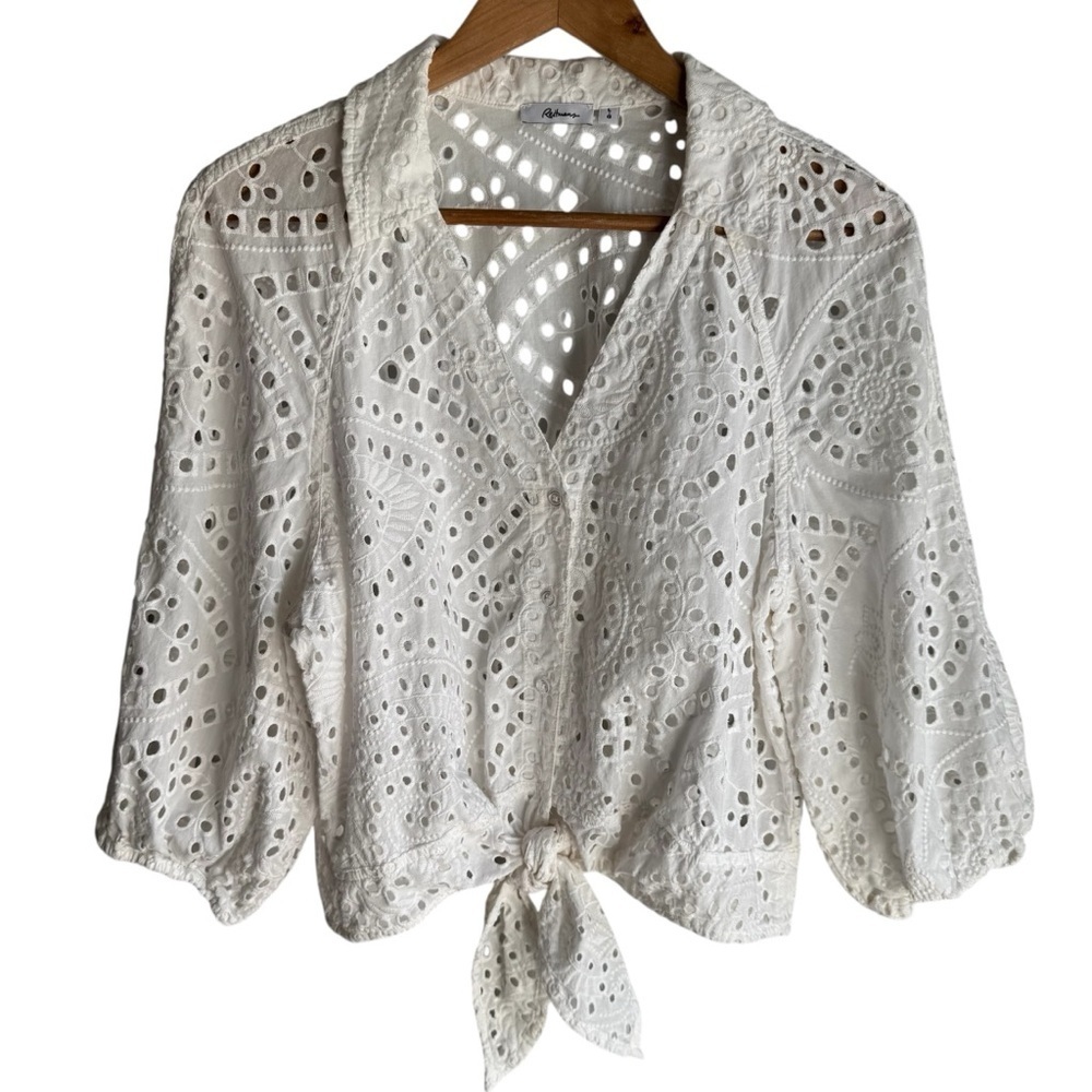 White Eyelet Embroidered 100% Cotton Blouse Sz L Tie Front Boho Peasant Top EUC